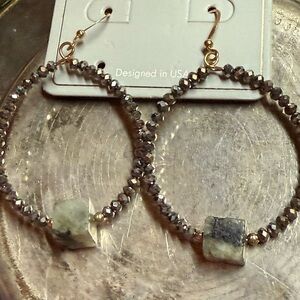 Gray Beaded Hoop Earrings with Green Stone Accent